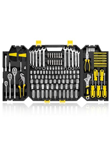 AZUNO 203-Piece Mechanics Tool Set, SAE & Metric Socket Set with 67 Sockets, 3 Ratchets, Combination Wrenches, Screwdrivers & Bits, Portable Tool Kit for Auto Repair and Home Maintenance