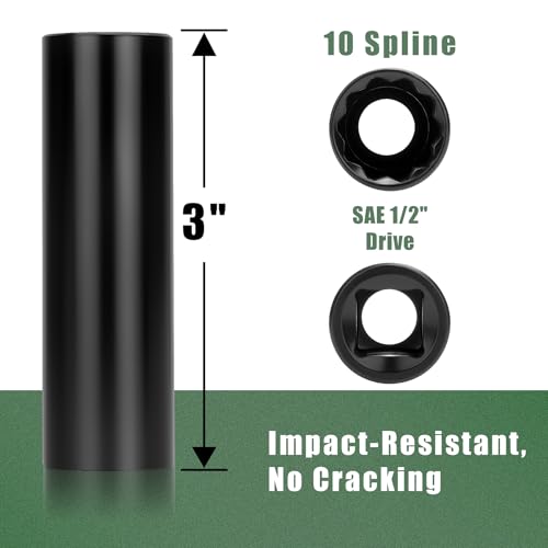 10 Point Spline Lug Nut Socket | 1/2 Inch Drive Impact Square Tool for M14x1.5 M14x2.0 9/16 Lug Nuts & M16x1.5 Lug Bolts | Black 1 Pc - size: 10 Spline Socket