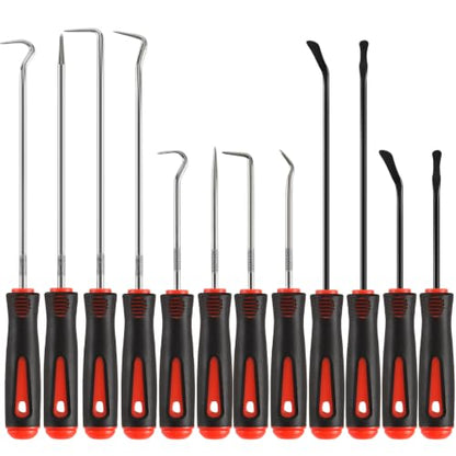 12PCS Automotive Pick and Hook Tool Set, Professional Mechanic Pick Set | 4 Flat Oil Seal Hooks & 8 Hook Picks, Dual Length Design, Heat-Treated High Carbon Steel & Premium Metal, Ergonomic Grip - color: Red