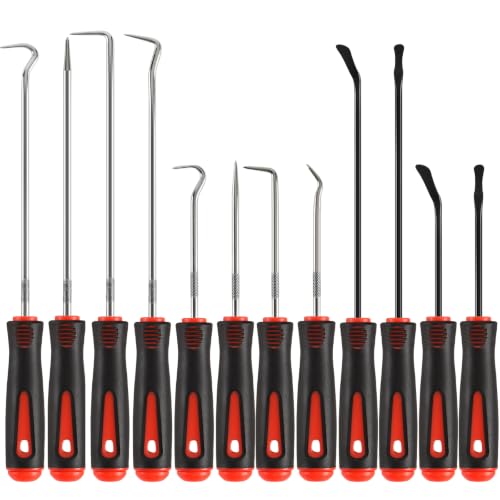 12PCS Automotive Pick and Hook Tool Set, Professional Mechanic Pick Set | 4 Flat Oil Seal Hooks & 8 Hook Picks, Dual Length Design, Heat-Treated High Carbon Steel & Premium Metal, Ergonomic Grip - color: Red
