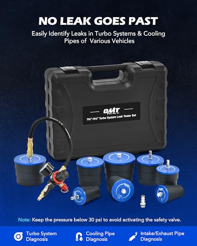 Orion Motor Tech Turbo System Leakage Tester Kit, 10pc Turbo Boost Leak Tester Set with 4 Pairs of Stepped Adapters 1-3/8" to 3-1/2", Turbo Pressure Leakage Tester for Cooling Emissions Exhaust Pipes - color: black