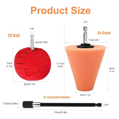 6PCS Car Wheel Hub Drill Polishing Cone Sponges, Polishing Balls, with 1/4" Hex Extension Holder, Buffing Tool for Cars Wheel Rim and Hub, Exhaust Tips, Aluminum, Chrome, Metal