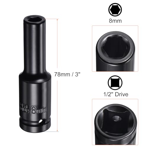 HARFINGTON Deep 6-Point Impact Socket 1/2" Drive 8mm Metric Socket 3" Length with 1/4" Hex Shank Adapter, CR-V Steel Socket Adapter Accessory Tool Set Kit for Hex Bolts Nuts - size: 8mm