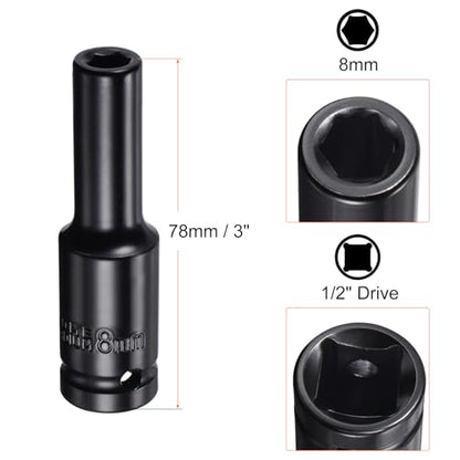 HARFINGTON Deep 6-Point Impact Socket 1/2" Drive 8mm Metric Socket 3" Length with 1/4" Hex Shank Adapter, CR-V Steel Socket Adapter Accessory Tool Set Kit for Hex Bolts Nuts - size: 8mm