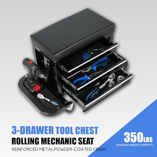 ZeHuoGe 3 Drawer Tool Chest, Rolling Mechanic Seat with Tool Trays, 2-In-1 Tool Chest, 350lbs Max Weight Capacity