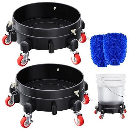 2-Pack Professional Car Wash Bucket Dolly Detailing Station, 310 lbs Heavy Duty Reinforced Polymer Bucket Stand, 5 Swivel Casters & 2 Brakes, Fits 5 Gallon Buckets, 2 Wash Mitts Included