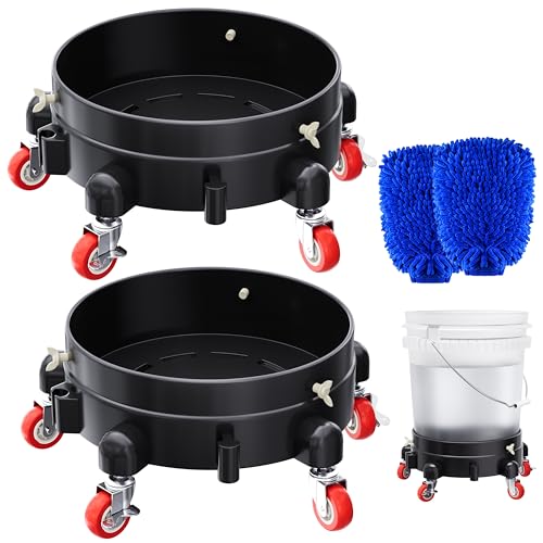 2-Pack Professional Car Wash Bucket Dolly Detailing Station, 310 lbs Heavy Duty Reinforced Polymer Bucket Stand, 5 Swivel Casters & 2 Brakes, Fits 5 Gallon Buckets, 2 Wash Mitts Included