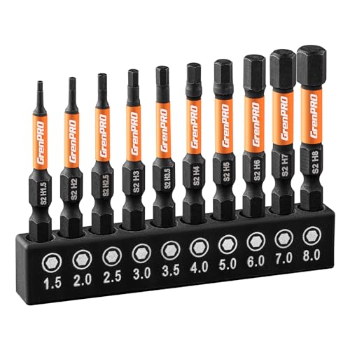 GRENPRO Allen Wrench Drill Bit Set 10pcs Metric, Impact Hex Head Screwdriver Bits Sets, 1/4” Hex-Shank S2 Steel, CNC Machined Tips With Magnetism, 2” Long Magnetic Driver Bit With Storage Box - size: 2" 10pcs(Metric)