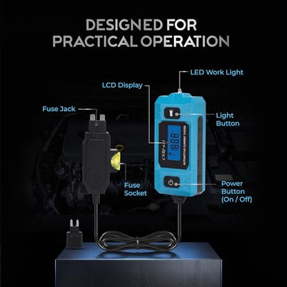 Automotive Car Circuit Fault Probe Tester - Portable Auto Current Tester for Parasitic Battery Drain Fuse Draw - 20A 48V 0.01A to 19.99A High-Precision Checker with LED Display Front Lighting
