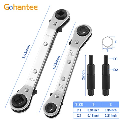 gohantee Hvac Service Wrench Tools Air Conditioner Valve Ratchet Wrench | 3/16” to 3/8” 5/16'' x 1/4'' with 2 Hexagon Bit Adapter Kit for Air Refrigeration Tools and Equipment Repair Tools Clearance