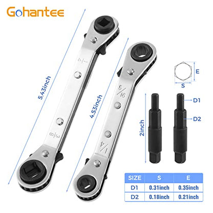 gohantee Hvac Service Wrench Tools Air Conditioner Valve Ratchet Wrench | 3/16” to 3/8” 5/16'' x 1/4'' with 2 Hexagon Bit Adapter Kit for Air Refrigeration Tools and Equipment Repair Tools Clearance