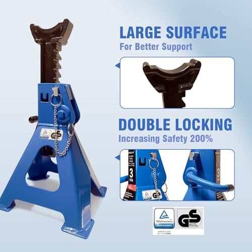 Car Jack Stands 3 Ton with Double Locking and Large Foot Base for Lifting Cars,SUVS,MPVS, Heavy Duty Steel, 6600 lb Capacity, 1 Pair, Blue - size: 3T+Wheel blocks