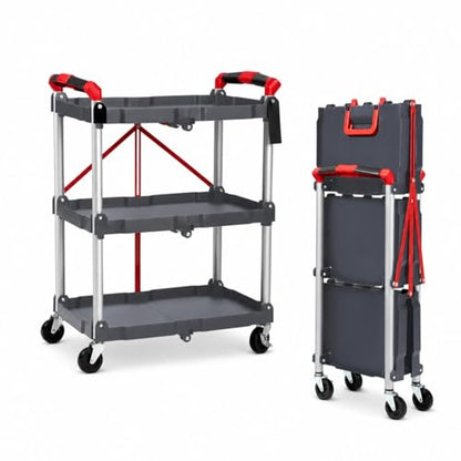 3 Tier Folding Utility Cart with Wheels, 168 LBS Total Load Capacity, Collapsible Service Cart for Garage, Workshop and Office, Portable Aluminum Alloy Rolling Tool Cart, Grey