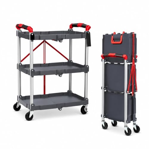 3 Tier Folding Utility Cart with Wheels, 168 LBS Total Load Capacity, Collapsible Service Cart for Garage, Workshop and Office, Portable Aluminum Alloy Rolling Tool Cart, Grey