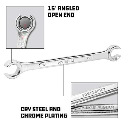 Powerbuilt 4 Piece Metric Flare Nut Wrench Set, Size Includes 9mm x10mm 11mm x 12mm 13mm x 14mm 15mm x 17mm Flare Nut Wrench, Chrome-Vanadium made - 640186 - size: 4pc Metric, style: Flare Nut