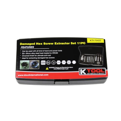 K Tool International 75422 Hex Screw Extractor Set for Garages, Repair Shops and DIY, Silicon Alloy Steel, Heat-treated, Chrome-plated, (3) 1/4", (3) 10mm, (1) 1/2" Drives, Damaged Screws, Molded Case