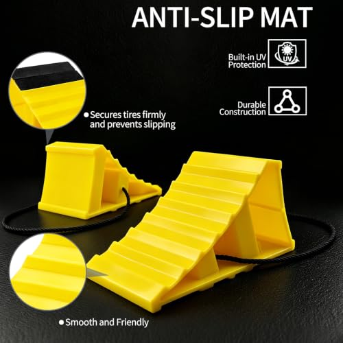 4 Pack Wheel Chocks, Wheel Chocks with Rope, Plastic Hard Wheel Stoppers Block for Camper Cars, RV Trailer, Trucks (Yellow) - color: Yellow