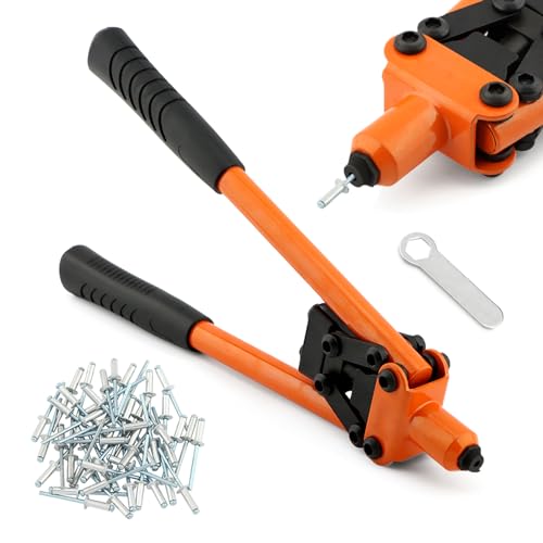 HONUTIGE Rivet Gun Kit, Professional Hand Riveter Heavy Duty Metal Rivet Gun Tool Manual Rivet Tool One-Handed Rivet Gun with 50 Rivets for DIY/Automotive Repairs/Furniture