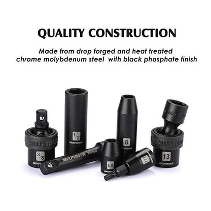 MIXPOWER 3/8'' Drive Master Impact Socket Set, 87-Piece Deep & Standard SAE and Metric,CR-MO, 1/4-Inch to 3/4-Inch and 6-19 mm, Impact Universal Sockets, Inverted Star Sockets, Extension Bar & Adapter - size: 3/8" Drive