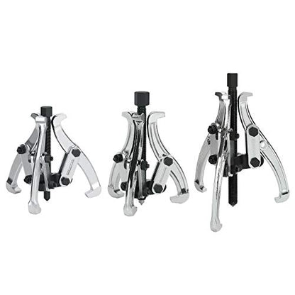 DURATECH 3-Piece 3-Jaw Gear Puller, 3", 4", 6", CR-V Steel | Black Phosphated, Non-Slip, for Narrow Spaces, Fully Assembled, Bearing Puller, for Gears, Pulleys, Bearings, Flywheels - size: 3", 4", 6"