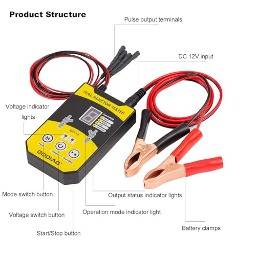 GODIAG Fuel Injector Tester Cleaner Kit, 8 Pulse Modes Injector Tester 6 Size Cleaning Adapters 12V/5V Output Power Drive, 4 Wire Dual Channel DIY Fuel Injector Cleaner Tools