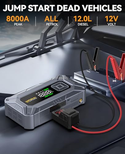 8000A Jump Starter with Air Compressor, 160PSI, 12V | 8000A battery booster and 160PSI tire inflator for roadside emergencies, road trips and camping - size: L-20