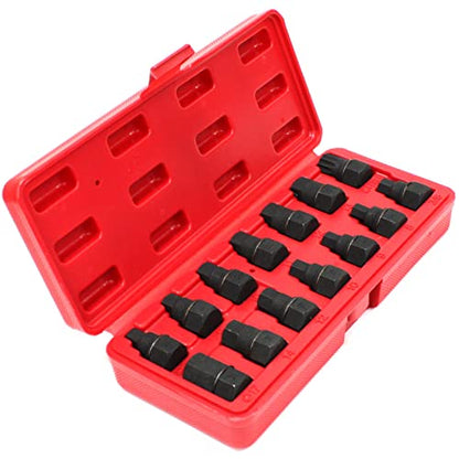 ARC-POWER 14 pc 3/8" Drive Socket Master Oil Drain Plug Key Set M16 Spline Car Hex Square