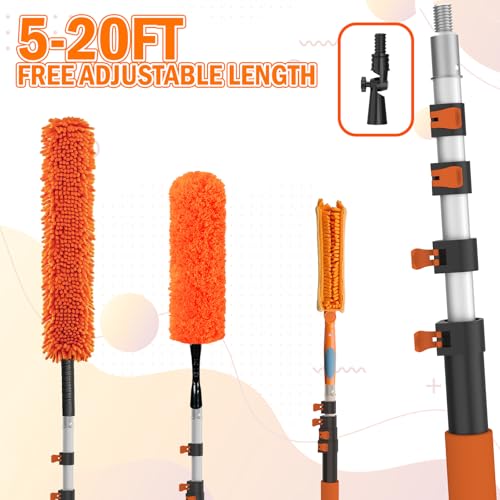 LAANPOLE 26FT Reach Ceiling Fan Cleaner Duster, Fan Blade Cleaner Kit with 5-20FT Extension Pole, Microfiber Duster & Replaceable Cleaning Cloth for Blades, Ceiling, Furniture - size: 20FT