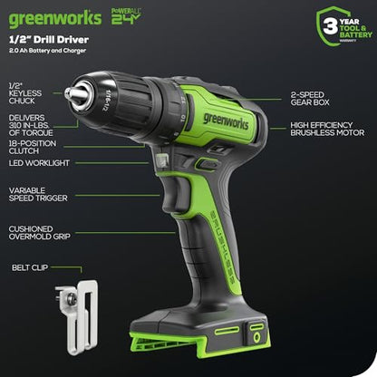 Greenworks 24V Brushless Cordless 2-pcs Combo Kit: 310 in./lbs Drill Driver, 1" Jig Saw, Brushless Motor, (1) 4.0Ah and (1) 2Ah Battery + (2) 2A Fast Charger Included - size: 2PCS Combo Kits(Drill+Jig Saw)
