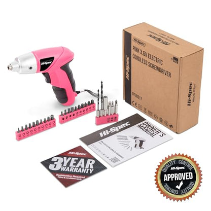Hi-Spec Small Electric Screwdriver, Mini Drill Set, Rechargeable 3.6V Cordless Screwdriver with 26 Driver Bits, Power Tool for Small Projects & Home Use, Pink | 27pc, Speeds furniture assembly, comfortable cordless control, LED work light, USB charging, o