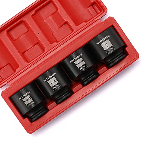 MIXPOWER 1/2-Inch Drive Impact Socket Set, Inch, Cr-Mo, 6 Point, 1-13/16",1-7/8", 1-15/16", 2", 4-Piece 1/2" Dr. Spindle Axle Nut Impact Socket Set, Impact Grade - size: Shallow