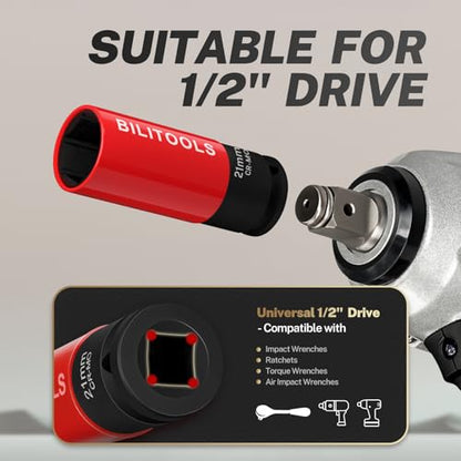 BILITOOLS 5pcs Impact Lug Nut Socket Set, 1/2" Drive Non-Marring Thin Wall | Metric 17/19/21mm & SAE 13/16-7/8", Cr-Mo Steel, Thin Wall, 6-Point Flank Drive, Color-Coded, Impact-Rated - style: Lug Nut Socket Set