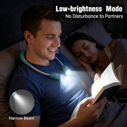 Neck Book Light with Bluetooth Speaker,2600mAh Hands-Free 5.7oz adjustable angle Reading Light,5 Modes 80H+ Knitting Light,500lum Rechargeable LED Neck Light for Camping,Hiking,Reading,Repairing,Gifts - color: Cyan