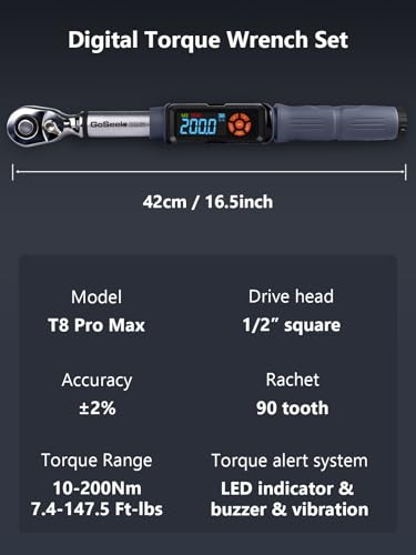Goseek Upgraded Rechargeable Digital Torque Wrench 90 Tooth, 7.4-147.5 Ft-lbs/10-200Nm, 1/2'' Drive Electric Torque Wrench with Buzzer & LED & Vibration for Motorcycle Car Tires Repair