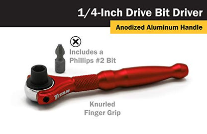 Titan Tools 11321 1/4-Inch Drive x 4-Inch 90-Tooth Swivel Head Micro Ratcheting Bit Driver - Red - style: Swivel Head - Red