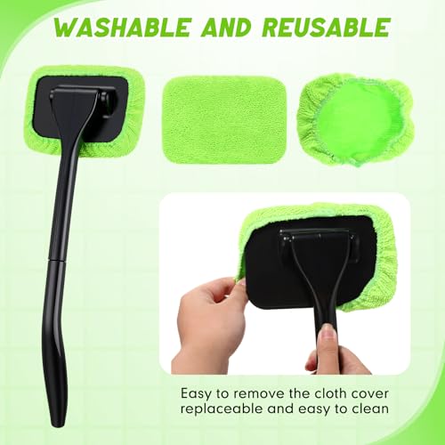 FoldTier 8 Pcs Car Windshield Cleaner Tool Kit with Removable Handle, Microfiber Towel Pads, Brush, Empty Spray Bottle for Auto Glass Wiper Suvs Rvs & Home Windows(Green) - color: Green