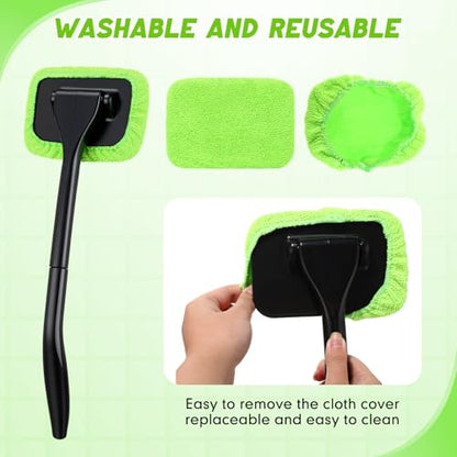 FoldTier 8 Pcs Car Windshield Cleaner Tool Kit with Removable Handle, Microfiber Towel Pads, Brush, Empty Spray Bottle for Auto Glass Wiper Suvs Rvs & Home Windows(Green) - color: Green