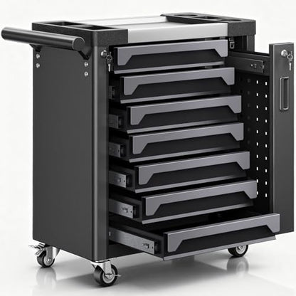 7-Drawer Rolling Tool Chest, Tool Box Lockable Metal Tool Cabinet with Side Storage Cabinet, Ball Bearing Slides Steel Organizer,Heavy-Duty Powder-Coated Tool Cart for Garage Workshope, Grey - size: 7 Drawers- Grey