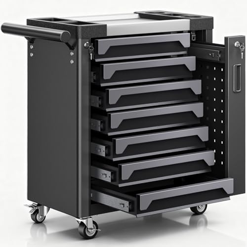 7-Drawer Rolling Tool Chest, Tool Box Lockable Metal Tool Cabinet with Side Storage Cabinet, Ball Bearing Slides Steel Organizer,Heavy-Duty Powder-Coated Tool Cart for Garage Workshope, Grey - size: 7 Drawers- Grey