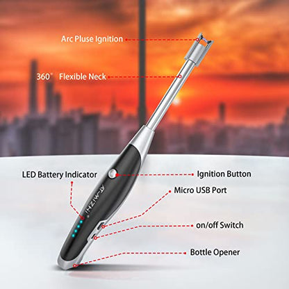 AT-Mizhi Electric Lighter - Rechargeable Long Neck Lighter with LED Flashlight for Candles, Camping & BBQ - color: Black