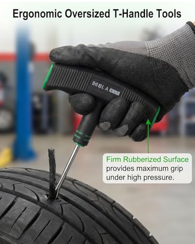20PCS Tire Repair Kit – Flat Tire Plug Kit includes Ergonomic T-Handle Tools with Rubber Covered Grip, 2 Sizes Tire Repair strips, Knife, Tire Pressure Gauge & Lubricant – Car, SUV, Motorcycle, ATV
