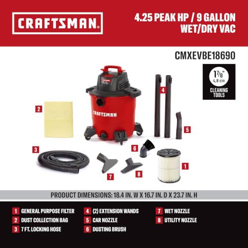 CRAFTSMAN CMXEVBE18690 9 Gallon 4.25 Peak HP Wet Dry Shop Vacuum - size: 9 Gal 4.25 Peak HP w/ Dusting Brush