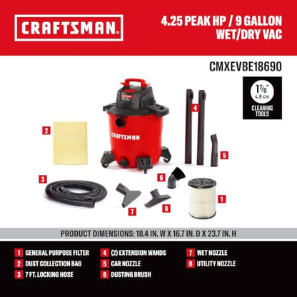 CRAFTSMAN CMXEVBE18690 9 Gallon 4.25 Peak HP Wet Dry Shop Vacuum - size: 9 Gal 4.25 Peak HP w/ Dusting Brush