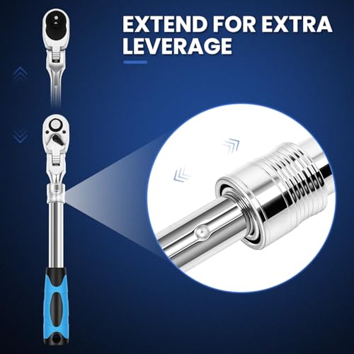 3-Piece Extendable Ratchet Set with 180-Degree Flex Head, 1/4" 3/8" 1/2" Drive, 72-Tooth Quick-Release Reversible Socket Wrench Set, Chrome Vanadium Steel with Storage Tray - size: Extendable&Flex-Head Ratchet