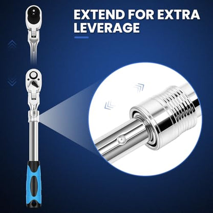 3-Piece Extendable Ratchet Set with 180-Degree Flex Head, 1/4" 3/8" 1/2" Drive, 72-Tooth Quick-Release Reversible Socket Wrench Set, Chrome Vanadium Steel with Storage Tray - size: Extendable&Flex-Head Ratchet