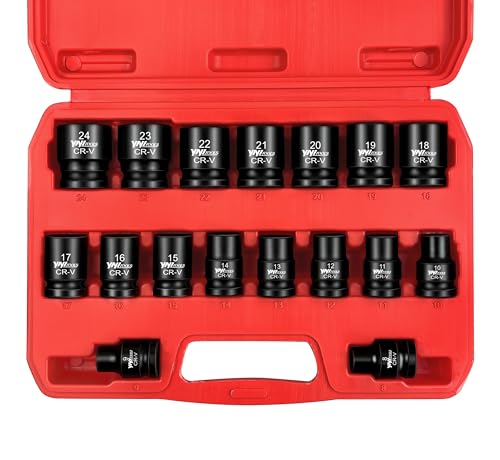 YIYITOOLS 17Pcs 1/2" Drive Shallow Impact Socket Set (8-24mm), Metric Socket Set, 6-Point, CR-V Steel for Automotive Maintenance, Repairs, and DIY Projects - size: 17Pcs (Shallow)