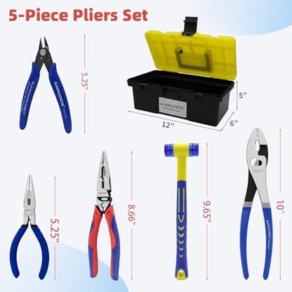 KAIHAOWIN 6-Piece Tool Set with Case, 8.8” Long Nose, Slip Joint Pliers,5” Needle Nose, 5" Flush Cutter, Rubber Mallet for Repairing & Home Use - color: Mallet Set