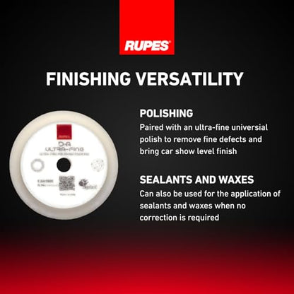 RUPES 9.DA100S Pack of 24 White D-A Ultra-Fine Polishing Foam Pads 100mm | Ideal for Paint Correction & Gloss Enhancement | Extremely Fine Defect Removal | Compatible with 4" Backing Plate - size: Ultrafine 100mm, style: Pack of 24