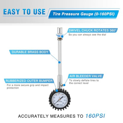 Nilight Tire Pressure Gauge 160PSI Heavy Duty Stainless Steel Dual Head Air Pressure Chucks ANSI B40.1 Certified Large 2" Dial Wheel Checker for Truck Semi Truck ATV Motorhome Cars & RV Accessories - color: Dual Head Tire Pressure Gauge