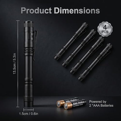 4-Pack Mini Flashlight, Powerful Small Led Pocket Flashlights with Clip | 2×AAA Battery Powered Portable Pen Light for Emergency Repair Camping Walking and Outdoor, 5.2" (Battery Not Include Long) - size: Long